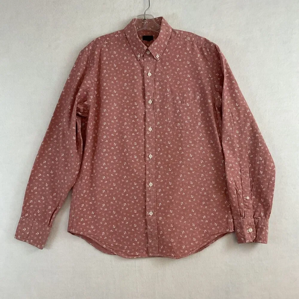 J‎ Crew Button Down Shirt Men’s M Light Red White Anchors Nautical Long Sleeves